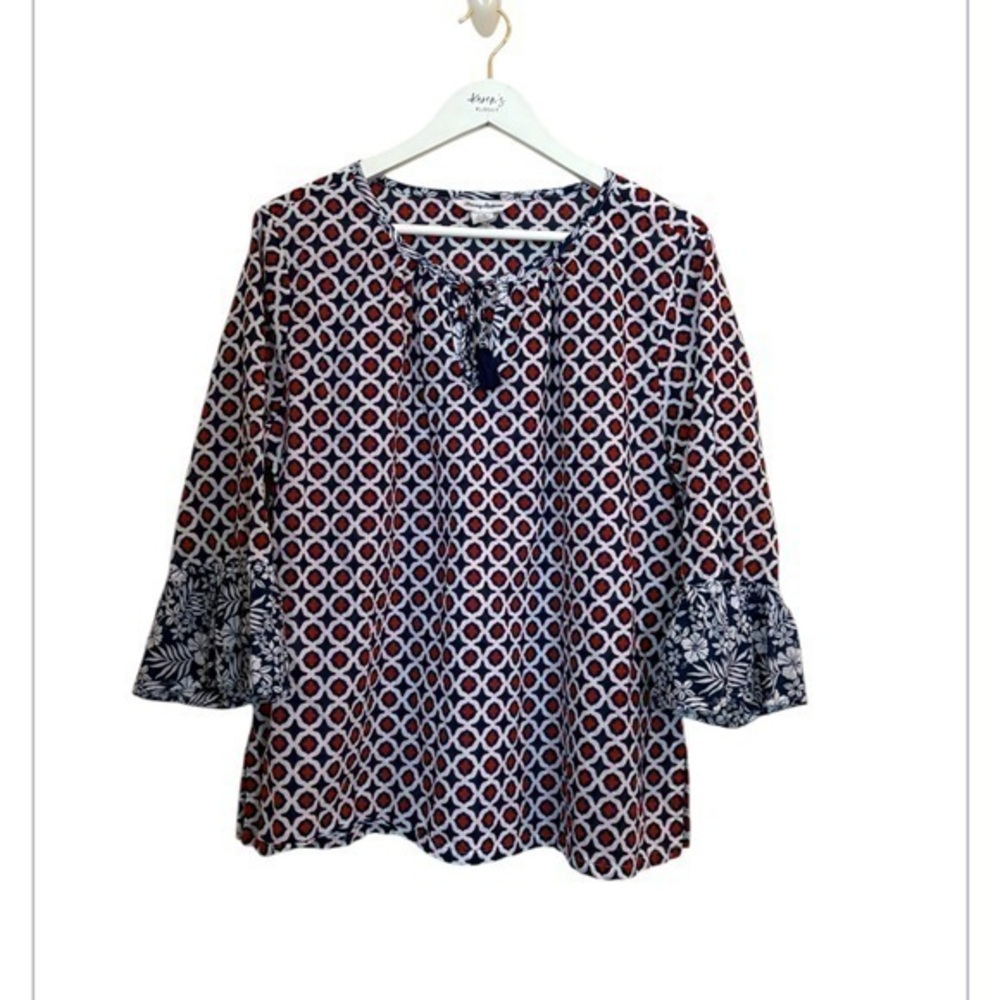 Tommy Bahama Geo Floral Nautical Cotton Split Neck Tunic Blouse Top Large